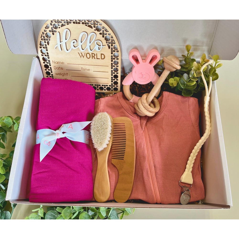 Hello World Pretty in Pink Baby Girl Gift Box New Baby Announcement Shower Gift